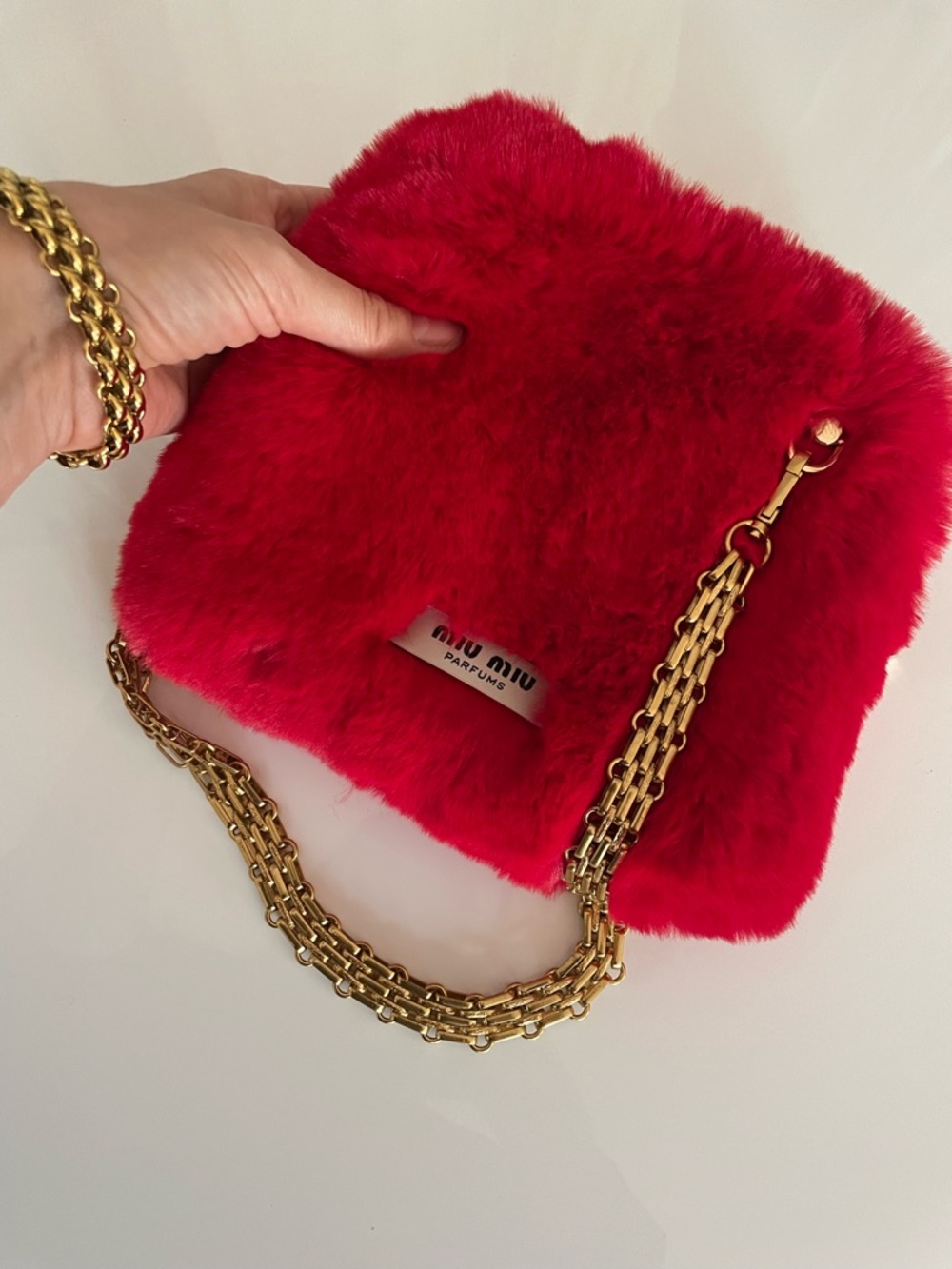 MIU MIU Red Faux Fur Shoulder Bag purse clutch old Gold Chain Strap rare logo